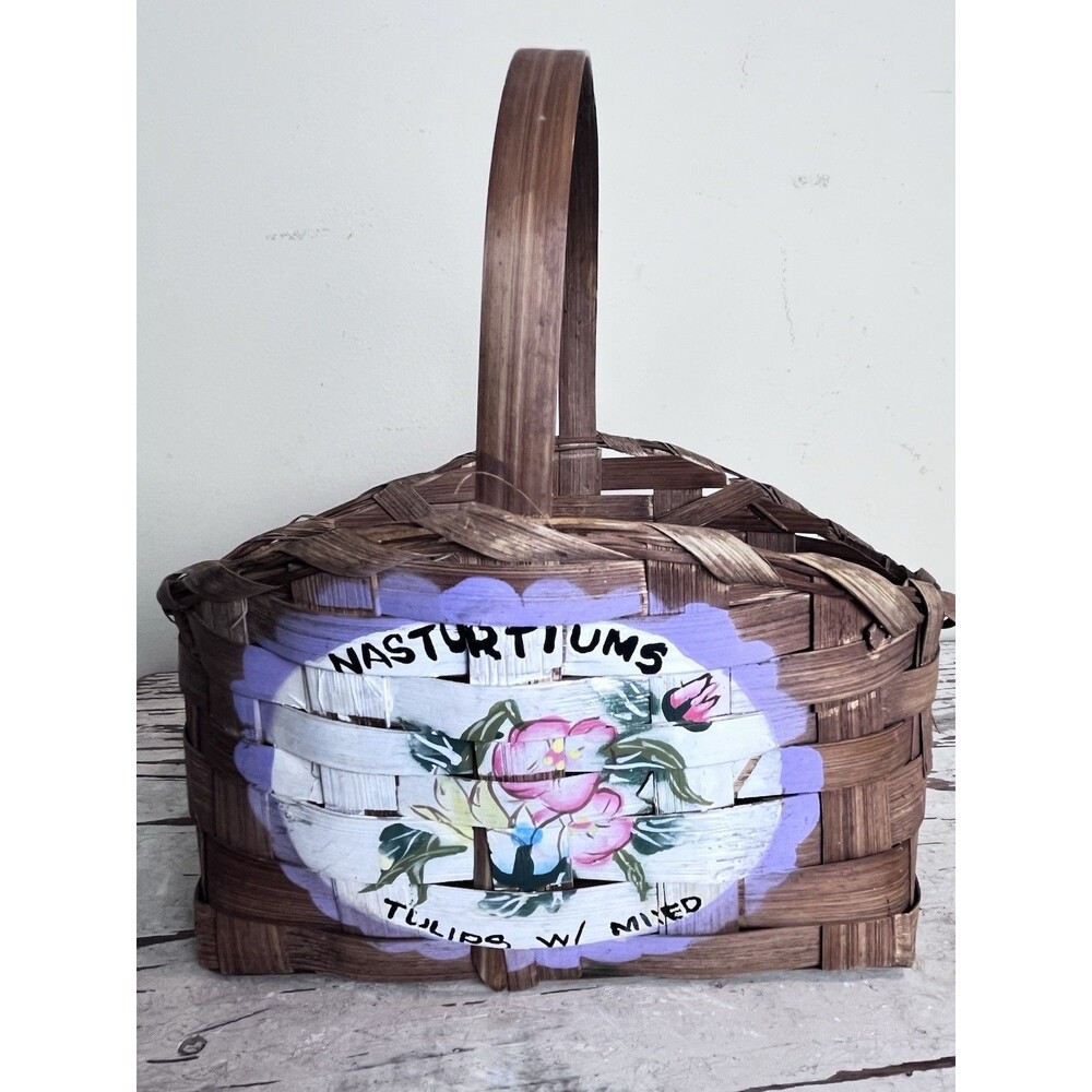 Vintage Hand Painted Wooden Splint-Weave Basket Nasturtiums Tulips Cottage Home